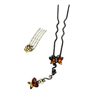 Hair Pin Stick Brown Aurora Crystal Butterfly Dangle Silvertone 2Ps Set
